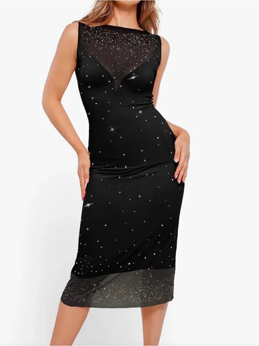 Popilush Sleeveless Black Sparkle Midi Dress size Large new